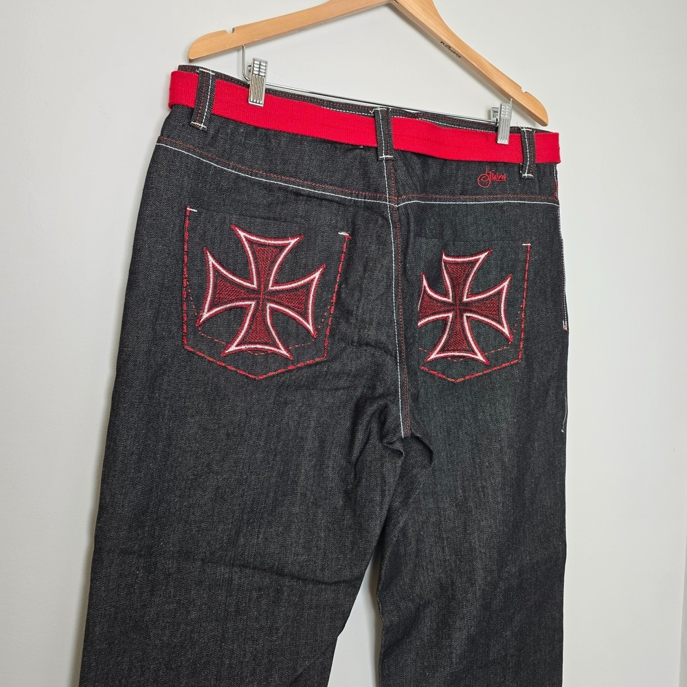 Vintage Y2K Jinzu Mens Baggy Hip Hop Punk Jeans Size 38x32 Black Rigid Red Cross - Picture 2 of 10